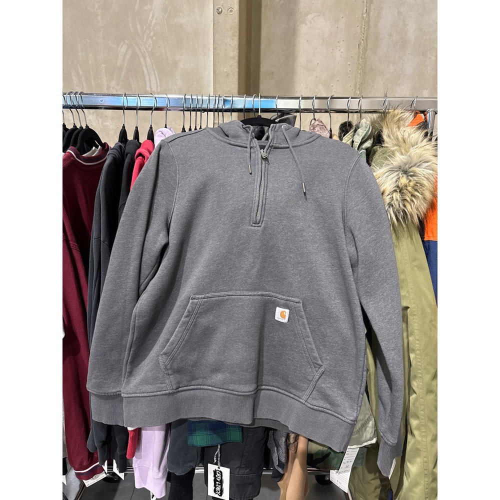 Carhartt Mens Relaxed Fit Quarter Zip Hoodie Gray Fleece Sweatshirt Size L 12-14